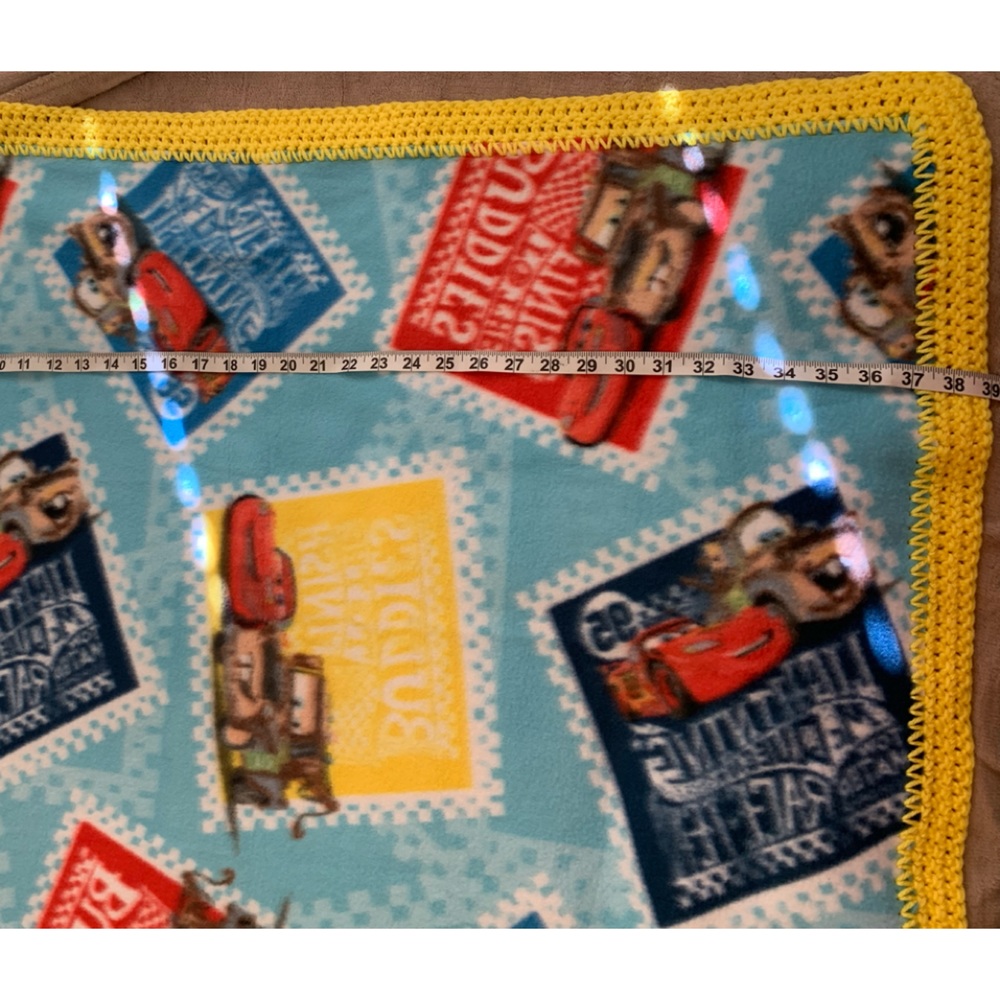 Children’s Blanket Handmade Crochet Disney’s Cars Blue Red Yellow McQueen - Picture 6 of 6